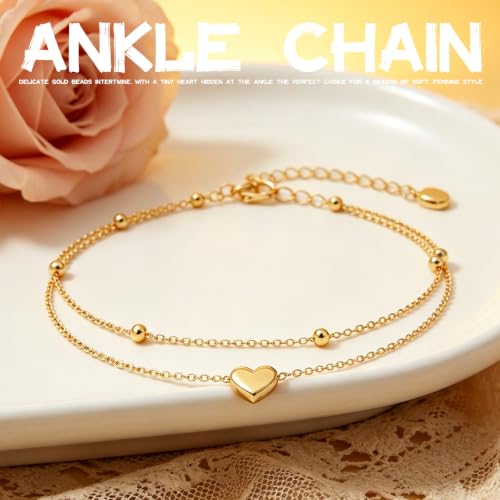 GAUEIOUR Adjustable Heart Layered Ankle Bracelets for Women | Waterproof 18K Gold Plated Stainless Steel Heart Charm Ankle Chain Summer Beach Vacation Party Jewellery for Women