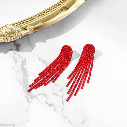 Clip-on Earrings Rhinestone Dangling for Women Fashion Long Chandelier Sparkle Crystal Tassel Dangle Drop Earring - color: Ruby Color Red-Tone