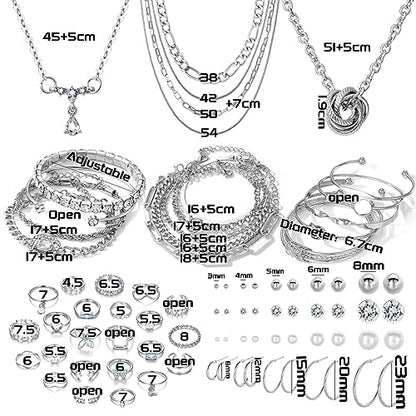 IFKM 36 PCS Silver Plated Jewelry Set with 3 PCS Necklace, 12 PCS Bracelet, 7 PCS Ear Cuffs Earring, 14 Pcs Knuckle Rings for Women Valentine Anniversary Birthday Friendship Gift - color: 41pcs Fashion Silver