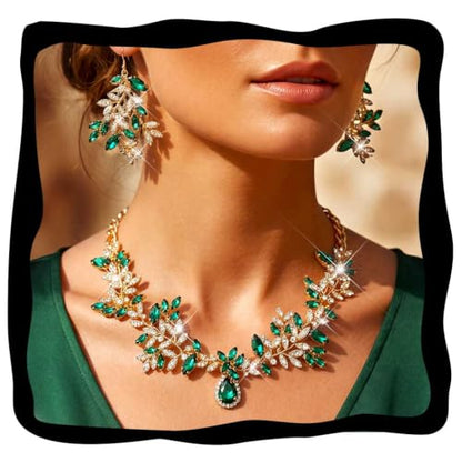 Green Rhinestone Indian Jewelry Set Gold Bridal Wedding Necklace and Earrings Sets Prom Costume Jewelry for Women and Brides - color: Gold Green