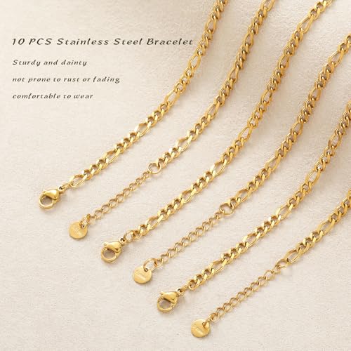 10 PCS Bracelets for Women Stainless Steel Chain Link Bracelet Set | 6.7 Inches with Extender, Jewelry Gifts for DIY, Chains Bulk, Oval, Curb, Figaro Chains, 18K Gold Plated, Silver, Chunky - color: Figaro Gold
