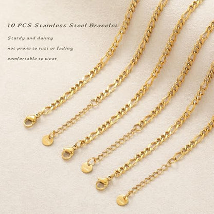 10 PCS Bracelets for Women Stainless Steel Chain Link Bracelet Set | 6.7 Inches with Extender, Jewelry Gifts for DIY, Chains Bulk, Oval, Curb, Figaro Chains, 18K Gold Plated, Silver, Chunky - color: Figaro Gold
