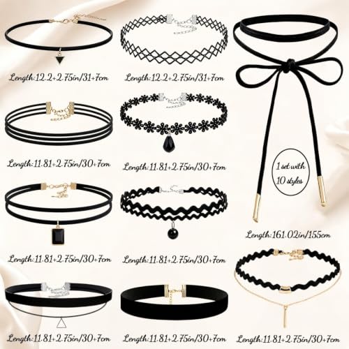 10PCS Choker Necklace - Black Gothic Y2k Tattoo Chokers - Velvet Leather Lace Chocker Set - Adjustable Stretchy Layered Collar Necklace