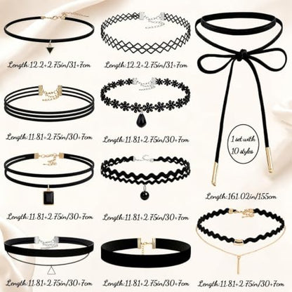 10PCS Choker Necklace - Black Gothic Y2k Tattoo Chokers - Velvet Leather Lace Chocker Set - Adjustable Stretchy Layered Collar Necklace