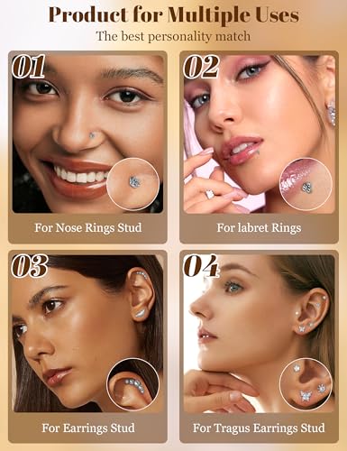 12Pcs 16G/18G Flat Back Cartilage Stud Earrings 18K Gold Plated Helix Stud Earrings for Women 316L Surgical Steel Internally Thread Hypoallergenic Labret Tragus Conch Lip Piercing Jewelry - color: Silver, size: 16G(1.2mm)