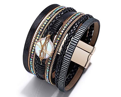 Fesciory Leather Wrap Bracelet for Women, Boho Western Layered Cuff Jewelry | Stackable Bracelets, Easy-On Clasp, Daily Wear, Pairs with Boho Western Outfits, Gift for Women - color: Black15