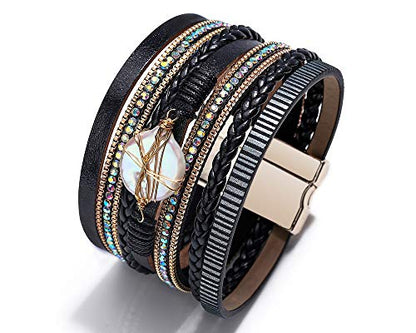 Fesciory Leather Wrap Bracelet for Women, Boho Western Layered Cuff Jewelry | Stackable Bracelets, Easy-On Clasp, Daily Wear, Pairs with Boho Western Outfits, Gift for Women - color: Black15