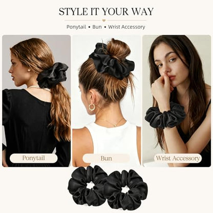 2 PCS Black Jumbo Satin Silky Scrunchies 6.5 Inches Oversized Scrunchie Extra Large Big Hair Ties Ponytail Holder for Thick Curly Hair Women (Black) - color: Black