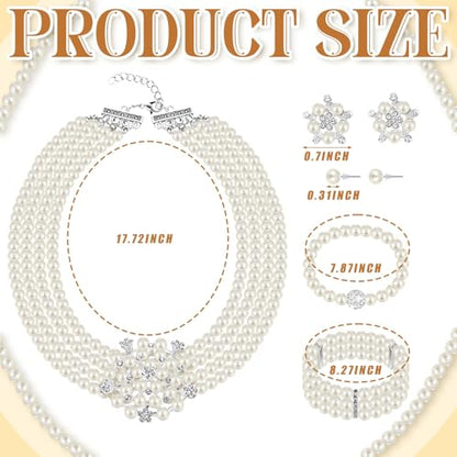 Glenmal Pearl Rhinestone Jewelry Set for Women Pearl Necklace Bracelet Earrings for Wedding Halloween Bridal Shower Tea Party - style: Vivid Style