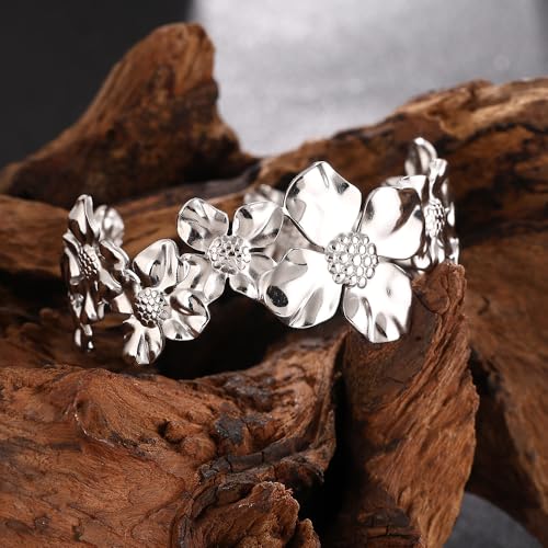 YWMAN Silver Flower Cuff Bracelet, Metallic Floral Chunky Bracelet for Women - color: Flower 1