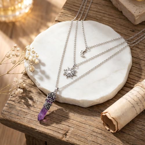 Gothic Emo Grunge Crescent Moon Layered Choker for Women | Boho Moon Sun Star Crystal Pendant Necklace, Punk Witchy Halloween Christmas Jewelry Accessories Gifts - color: Purple