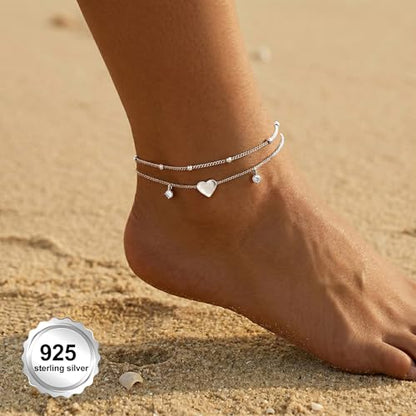 Gold/Sterling Silver Anklet Bracelets for Women Waterproof, Non Tarnish 925 Sterling Sliver Plated Heart Evileye Butterfly Charm, Dainty Summer Beach Anklets for Women, Beach Vacation Bikini Outfits for Her Mom - style: Heart-Silver