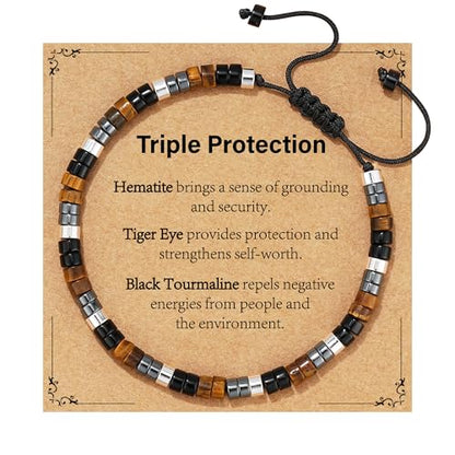 Healing Crystal Bracelet Jewelry Gifts for Women | Triple Protection/Stress Relief/New Beginnings/Good Luck/Empath Protection, Christmas, Birthday - color: Triple Protection