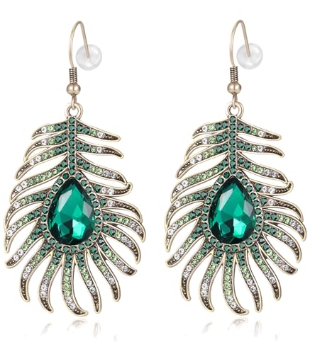 Frogwill Womens Crystal Hook Earrings Sparkling Rhinestone Peacock Feather Dangle Earrings - color: Green