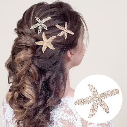PAGOW 3 PCS Starfish Hair Clips, 3 Styles Gold Rhinestone Hair Clips, Faux Pearl Crystal Sea Star Wedding Headpiece Hair Accessories For Women Bride - color: 3pcs-gold,style2