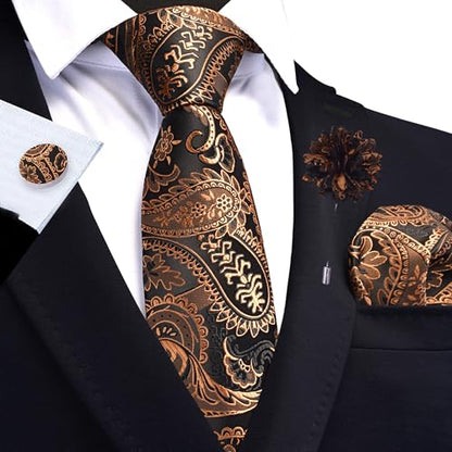GUSLESON Paisley Tie Set for Men 3.15" Necktie Lapel Pin Hankerchief Cufflinks Set for Men - color: Black Gold