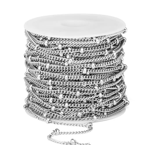 33FT 2mm Stainless Steel Satellite Curb Chains Roll Bulk for Jewelry Making | 304 Stainless Steel Ball Beaded Twisted Link Satellite Chain Spool for DIY Craft - color: Stainless Steel Small Beads Satellite Curb Chain