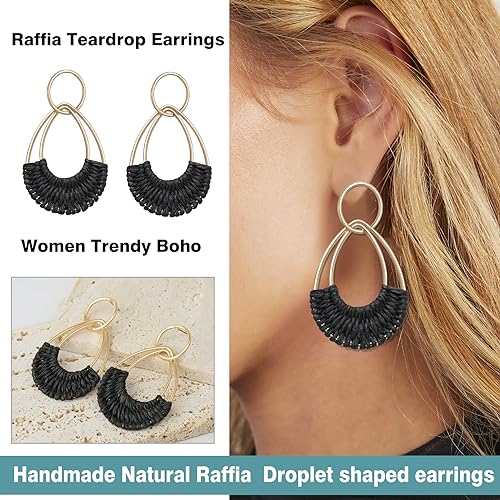 Raffia Hoop Earrings for Women Fun Boho Summer Beach Earrings Lightweight Handmade Straw Wicker Rattan Dangle Earrings Statement Geometric Round Drop Earrings - color: Black - Teardrop