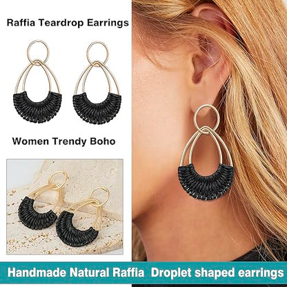 Raffia Hoop Earrings for Women Fun Boho Summer Beach Earrings Lightweight Handmade Straw Wicker Rattan Dangle Earrings Statement Geometric Round Drop Earrings - color: Black - Teardrop