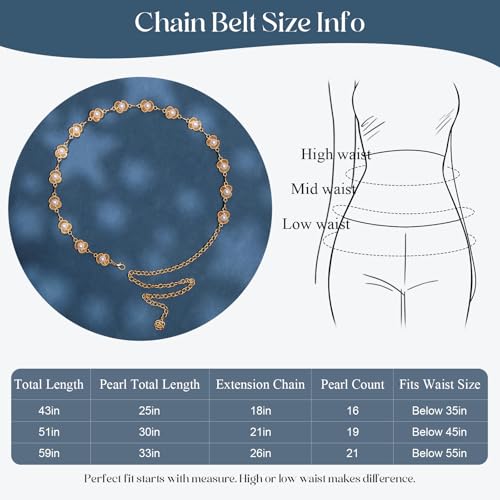 Chain Belt for Women Fashion Metal Waist Chain Belt for Dress Jeans - size: Fit Waist Up to 35'', style: Gold-pearl