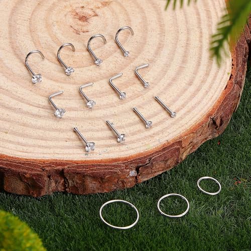 ORAZIO Nose Rings for Women - Silver Plated Hypoallergenic 316L Surgical Stainless Steel Nose Ring Hoops 20G Small Cute CZ Straight Screw L Shaped Nose Studs Piercings Jewelry for Women Men 15Pcs