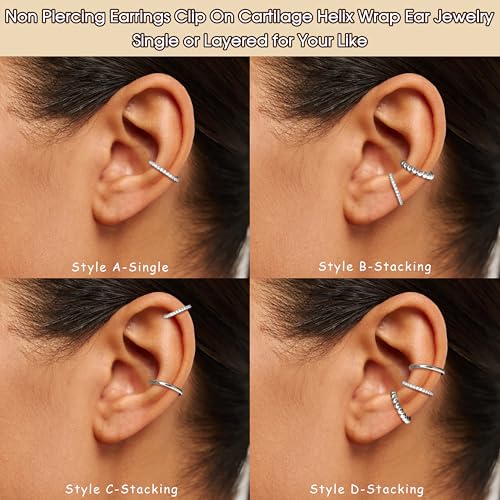 Ear Cuff Earrings for Women 14K Gold Plated Ear Cuffs Non Piercing Clip on Cartilage Earring Trendy Fake Earrings Hypoallergenic Huggie Hoop Clip Cuff Earring Lightweight - color: silver-simple A