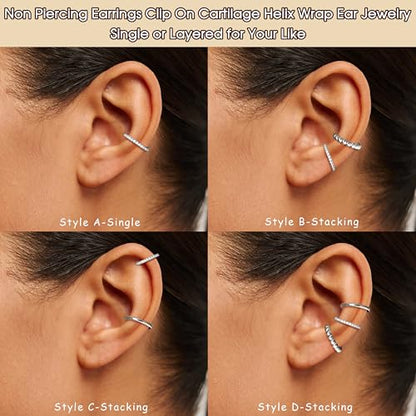 Ear Cuff Earrings for Women 14K Gold Plated Ear Cuffs Non Piercing Clip on Cartilage Earring Trendy Fake Earrings Hypoallergenic Huggie Hoop Clip Cuff Earring Lightweight - color: silver-simple A