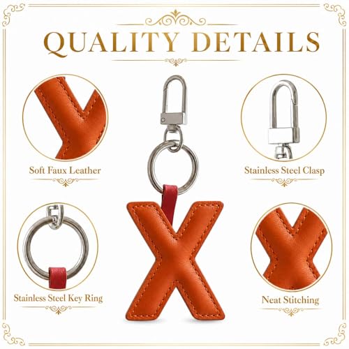 Initial Letter Keychain,Stainless Steel,Colorful Faux Leather Keyring for Backpack,Purse,Car Keys,Gift for Men Women - color: X