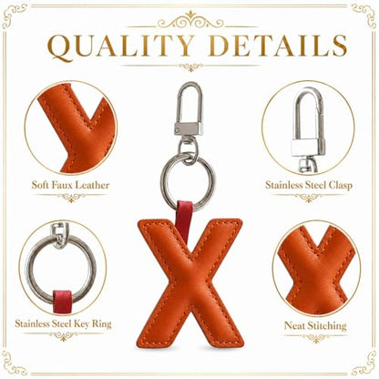 Initial Letter Keychain,Stainless Steel,Colorful Faux Leather Keyring for Backpack,Purse,Car Keys,Gift for Men Women - color: X