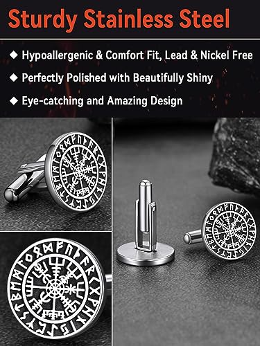 FaithHeart Mens Cufflinks, Norse Viking Tuxedo Shirt Cuff Links, Stainless Steel Cuff Links and Shirt Studs, Gift Box - style: 01. Compass-Silver