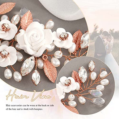 GORAIS Flower Wedding Hair Vine Pearl Bridal Hair Pieces Crystal Hair Accessories for Bride and Women - color: c-rose gold