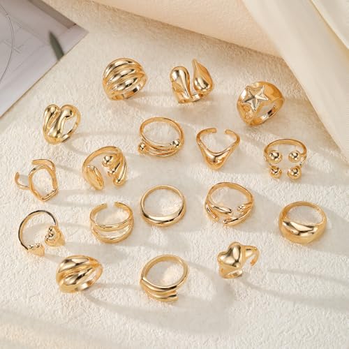 Chunky Rings for Women Non Tarnish 14k Stackable Dome Statement Rings Sets Vintage Dainty Knuckle Open Midi Finger Rings Jewelry Pack Gifts - style: Stackable