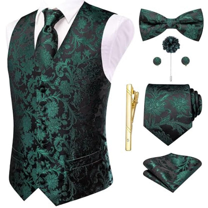 Hi-Tie Silk Mens Suit Vest Tie and Bowtie Lapel Pin Gold Tie Clip Paisley Floral Waistcoat 8PCS Set Tuxedo Wedding Party - color: Black and Green, size: Medium
