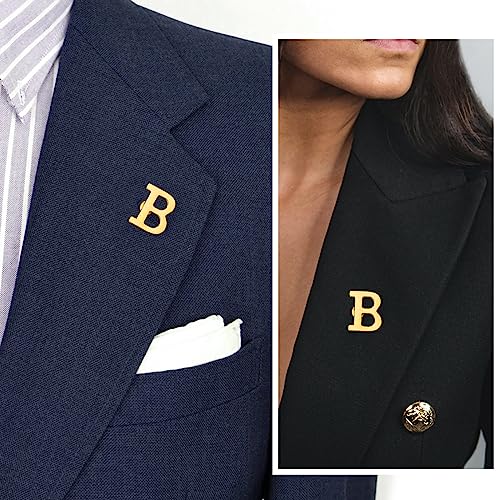 Initial Lapel Pin for Men Women, Brooch Pins for Men Suits, Metal Button Pins in 18K Gold and Silver Tone. - color: Gold-B