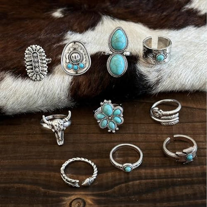 Airvess Vintage Knuckle Rings Set, Chunky Turquoise Stackable Rings, Silver Joint Finger Stacking Rings, Bohemian Western Jewelry for Women - style: 10 Pcs
