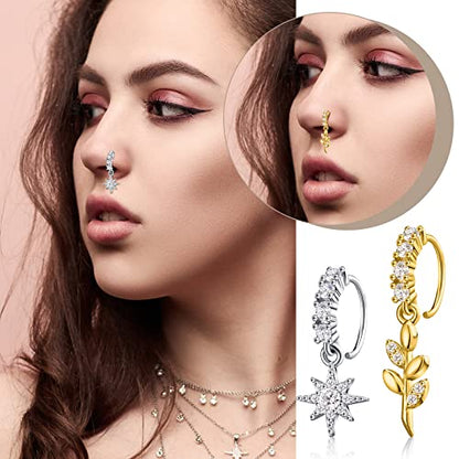 18 Pcs Dangle Nose Ring L Shaped Dangling Nose Stud Nose Ring Hoop Indian Nose Piercing Jewelry with Charm - color: Gold, Silver