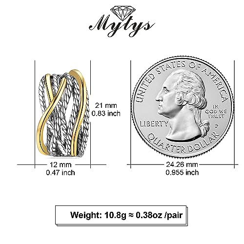 Mytys Two Tone Huggie Hoop Earrings Cross Over Design Twisted Rope Silver Gold Statement Wide Band Clip On Hoops for Women Fashion Jewelry Gift - color: Gold & Silver