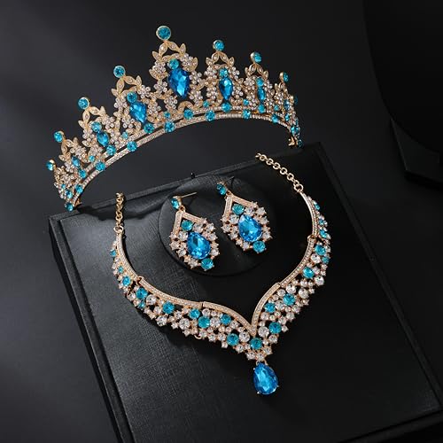 Tiaras and Crowns for Women,Tiaras Earrings Necklace, Crystal Bridal Jewelry Set - color: Lake Blue