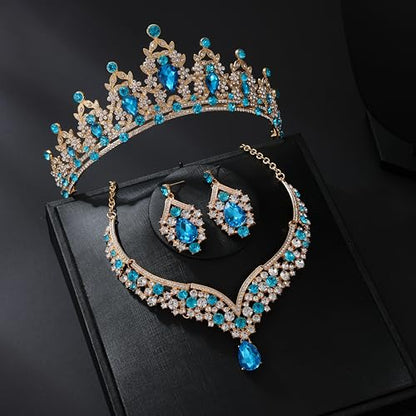 Tiaras and Crowns for Women,Tiaras Earrings Necklace, Crystal Bridal Jewelry Set - color: Lake Blue