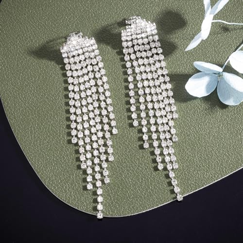 SELOVO Clip Tassel Earrings Crystal Bridal Wedding Clip on Statement Dangle Earrings Silver Tone