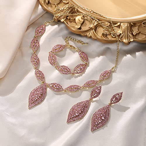 Flyonce Wedding Jewelry Set Rhinestone Crystal Bridal Leaf Necklace Drop Dangle Chandelier Earrings Sets for Women - color: Light Pink Gold-Tone