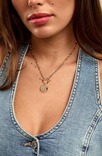 18k Gold Plated Chain Link Necklace for Women, Baroque Pearl/Compass Pendant Necklace - color: Coin Cross