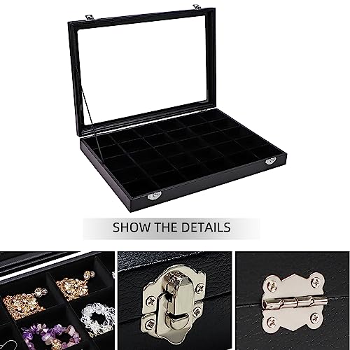 Wudygirl Earring Organizer Leather Jewelry Tray with Lid 13.7"x9.4" Black | 30 Grid Jewelry Organizer with Velvet Liner, Ideal for Jewelry Storage, Dresser Drawer or Gift, Dustproof Design - style: 30 Grid Tray