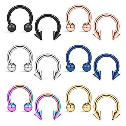 12PCS 14G Surgical Steel Nose Septum Horseshoe Hoop Earring Eyebrow Tragus Lip Piercing Ring - style: 8mm w Balls & Spikes