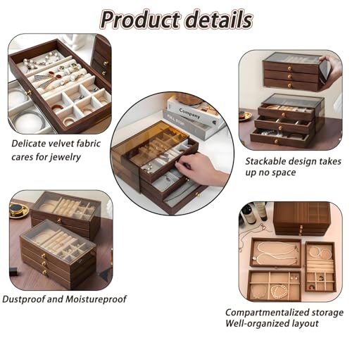 3-Layer Wood Grain Jewelry Box with mezzanine, Stackable Jewelry Organizer with Velvet Lining, Dustproof Jewelry Storage Case for Rings, Necklaces, Earrings, Bracelets (12)