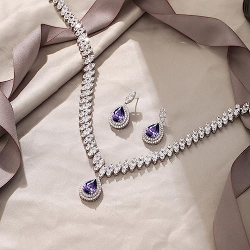 EVER FAITH CZ Marquise Leaf Teardrop Wedding Prom Jewelry Set for Women | Birthstone Pendant Necklace Dangle Earrings - color: Purple