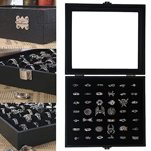 Pangkeep Ring Organizer Display Case,Black Jewelry Storage Tray Boxes for Multiple Rings,Glass Lid,Stackable. (42 Slots) - size: 42 Slots