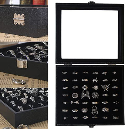 Pangkeep Ring Organizer Display Case,Black Jewelry Storage Tray Boxes for Multiple Rings,Glass Lid,Stackable. (42 Slots) - size: 42 Slots