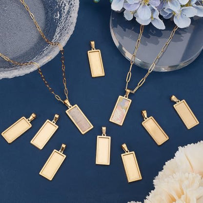 1 Box 10Pcs Stainless Steel Rectangle Pendant Tray Bezel Tray Blanks 31x13mm Gold Charms Pendant Base Cabochon Bezel Blank for Jewelry Making Resin Photo Craft Necklace Bracelets Adults - style: gold rectangle