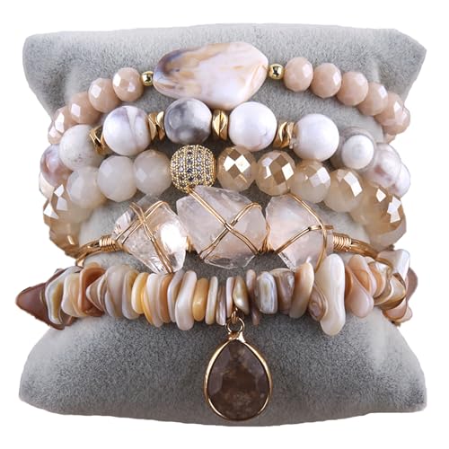 Yomisa 5PCS 6PCS Natural Boho Beaded Bracelets/Bangle for Women Men,Healing Turquoise Jasper Agate Crystal Gemstone Stone Chakra Multilayer Wrap Bohemian Handmade Jewelry Beads Stretch Bracelet Set - color: 5PCS-S Beige